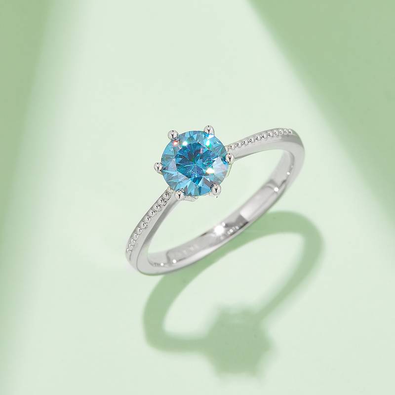直臂珠边承诺S925银镀白金MoissaniteWomen's Ring1ctD级